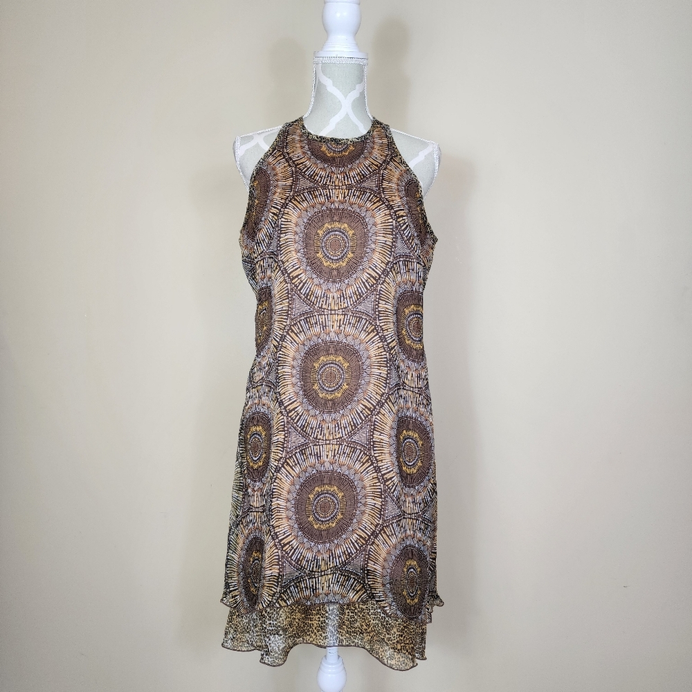 Vintage Joseph Ribkoff Layered Dress Size 10 Tribal Cheetah Print Brown - Picture 2 of 15